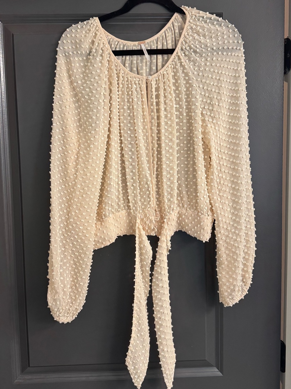 Free People 100% SILK Cream Swiss Dot Tie-Front Blouse